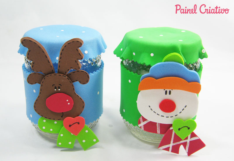como fazer pote vidro decorado natal reciclagem eva papai noel rena boneco de neve (9)